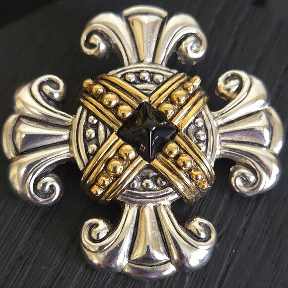VTG Brooch Premier Design Gold Silver Tone Black Rhinestone Maltese Cross Pin - Picture 1 of 10